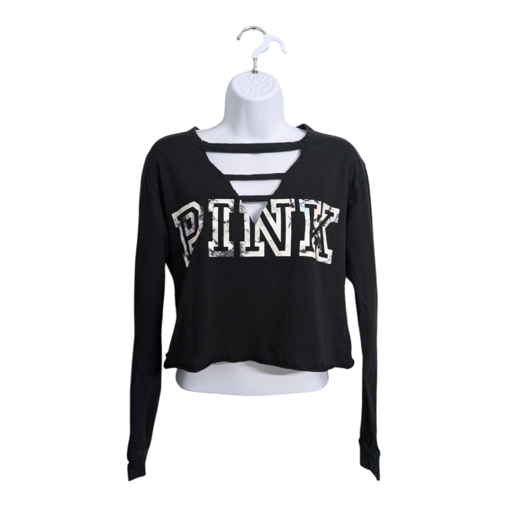PINK Victoria's Secret Woman Black Crop Long Sleeve Tee T-Shirt V-Neck Cutout S